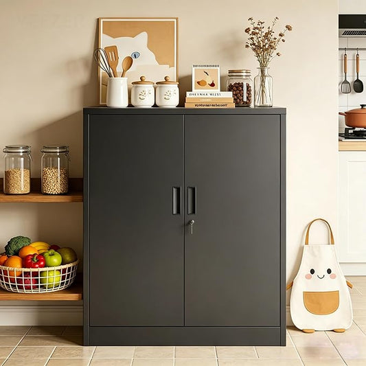 CJF Pantry Cabinet, Metal Pantry Storage Cabinets with Doors and 2 Adjustable Shelves, 36" H Locking Cabinet for Kitchen Storage, Home, Garage, Utility Room and Basement, Black