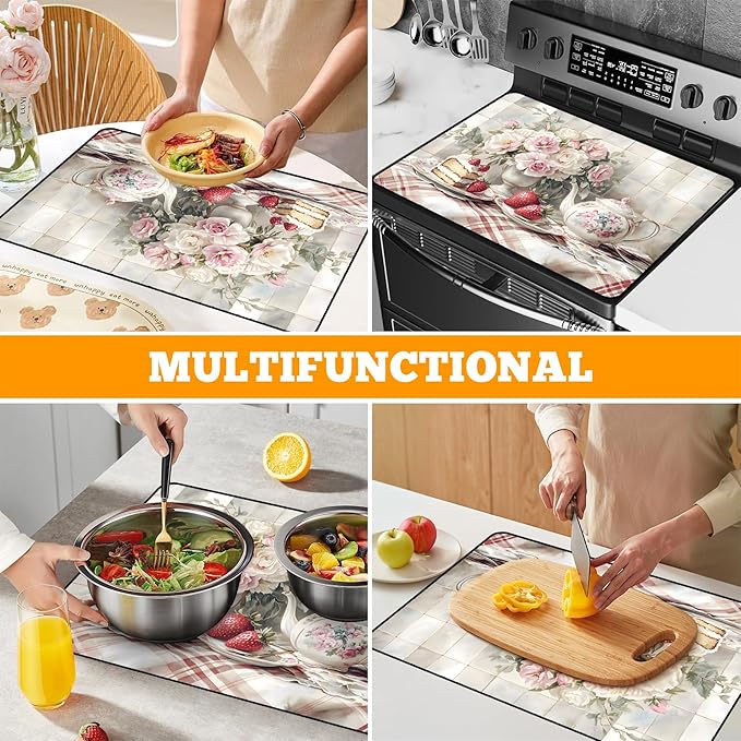 Multi-Design Stove Cover for Glass/Electric Stoves - 3-in-1 Heat-Resistant Protector Mat, Non-Slip Drying Rack 28"x20"