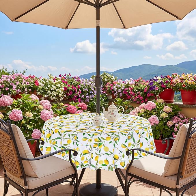 SquarePie 60 inch Round Outdoor Tablecloth with Umbrella Hole - Waterproof Patio Table Cover for Spring Summer Garden Camping Poolside Picnic BBQS, Summer Lemon