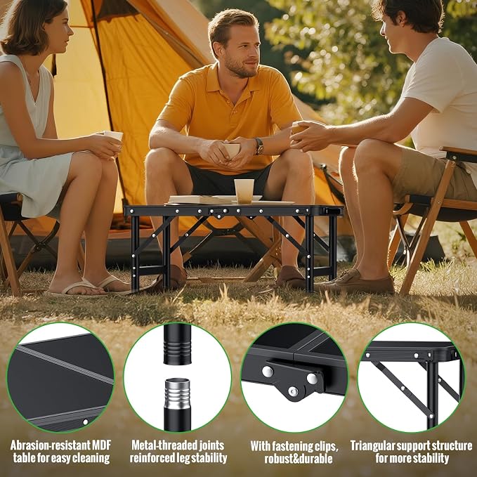 GARLLEN 2ft Folding Camping Table Max Capacity 66lbs, 3 Adjustable Height Picnic Table with MDF Tabletop, Portable Folding Tables for Camping, Travel, Picnic, BBQ, Threaded Install, 23.6" L x 15.7" W