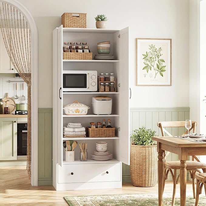 GIANTEX 72" Tall Kitchen Pantry Cabinet, Farmhouse Cupboard, White | Wooden Buffet Cabinet w/ 2 Doors, Drawer & Adjustable Shelf, Freestanding Versatile Storage Cabinet for Living Room Bathroom