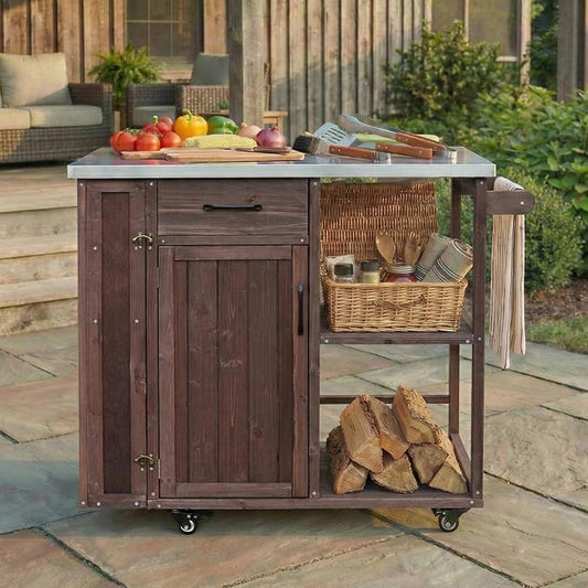 JIVOIT Outdoor Kitchen Island with Stainless Steel Worktop, Fir Wood Prep Station Lockable Kitchen Cart with Ample Storage Space, Towel and Spice Racks for Patio and Outdoor (Dark Brown/122)
