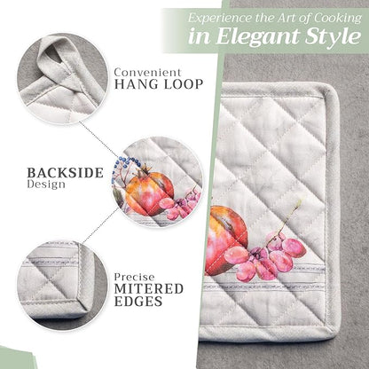Maison d' Hermine 100% Cotton Oven Mitt & Pot Holder Set (7.5"x13" & 8"x8") Heat Resistant BBQ Cooking Gloves with Loop for Thanksgiving Christmas Decorations Handling Hot Pans (Fruit D'Hiver)