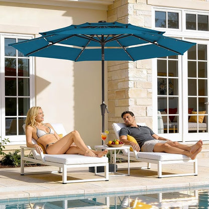 JEAREY 9 ft 3-Tier Outdoor LED Lighted Patio Umbrella w/Crank, Lake Blue | Solar Market Table Umbrella with 8 Sturdy Ribs, UV Protection Waterproof Sunproof for Garden, Deck and Backyard