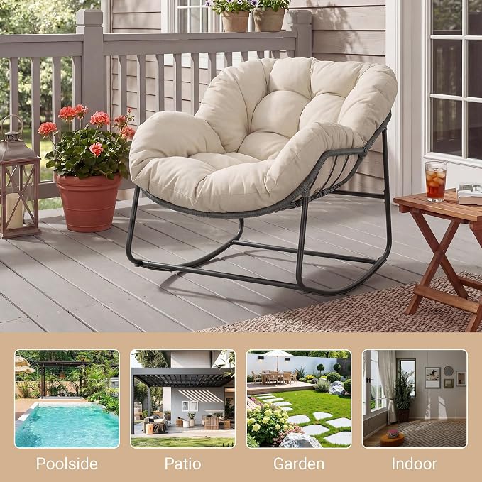 Bifanuo Oversized Egg Rocking Chair for Indoor/Outdoor – All-Weather Wicker Rattan Lounge Chair with Cushion, Patio Rocker for Porch, Garden, or Balcony (Classic Beige)