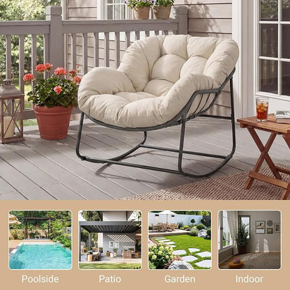 Bifanuo Oversized Egg Rocking Chair for Indoor/Outdoor – All-Weather Wicker Rattan Lounge Chair with Cushion, Patio Rocker for Porch, Garden, or Balcony (Classic Beige)