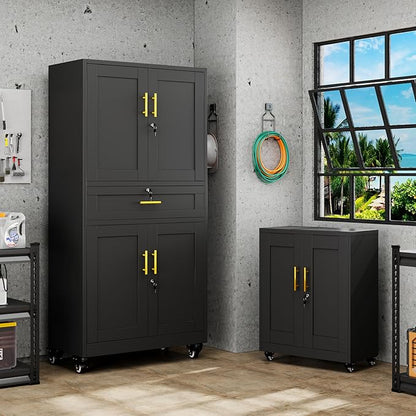 GAIOUS 71” Tall Metal Garage Storage Cabinet with Wheels and Drawer, Steel File Cabinet for Home Office, Tool Cabinet with 4 Locking Doors and 3 Adjustable Shelves, Rolling Cabinet for Garage - Black