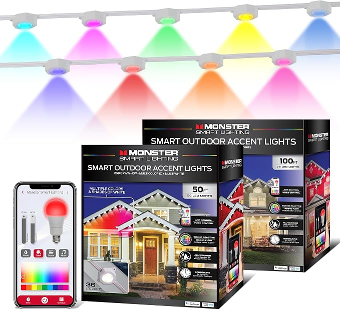 Monster Smart Permanent Outdoor Lights, 150ft, 108 LED Eaves Lights, RGB+IC+WW, Weather & Water Resistant, App & Voice Control, Compatible with Alexa and Google, for Patios, Gardens & Year-Round Use
