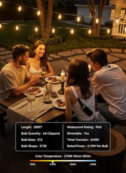 Minetom 200FT Outdoor String Lights with Remote, ST38 Patio Lights Dimmable | Waterproof LED Christmas Lights with 3 Modes, Shatterproof Connectable Outside Lights for Backyard Porch Deck Garden Decor