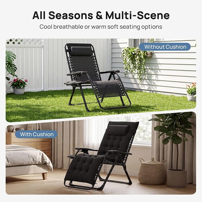 DUMOS Zero Gravity Chair, Lounge Chair Outdoor with Cup Holder Tray | Folding Reclining Chairs for Indoor, Outside, Beach, Camping and Patio, Black