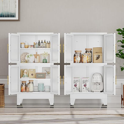 47“H White Metal Bathroom Storage Cabinet, Kitchen Pantry Cabinet with Doors and 3 Adjustable Shelves, Bathroom cabinets Organizer, for Home Office, Bedroom