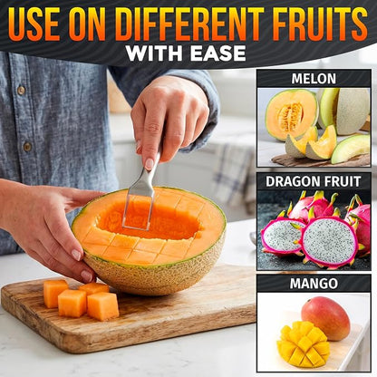 2Pcs Stainless Steel Watermelon Cutter Slicer Tool 2-in-1, Even Cuts | Watermelon Slicer Tool & Serving Fork in One; Slices Cubes Mess-Free; for Melon, Cantaloupe & Dragon Fruit; Summer Parties