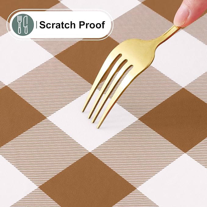 Buffalo Rectangle Picnic Tablecloth, 8 Foot Elastic Fitted Vinyl Table Cloth with Flannel Backing, Waterproof Plaid Table Covers for Dining, Camping, Outdoor (Brown and White, 30" x 96")