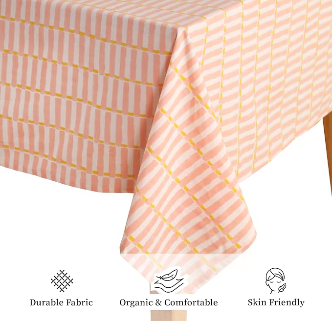 100% Cotton Hand Block Printed, Tablecloth for Kitchen, Dining, Table Cover for Parties, Chritmas, Weddings, Barbecues and Summer picnics Table Cloth (Pink)