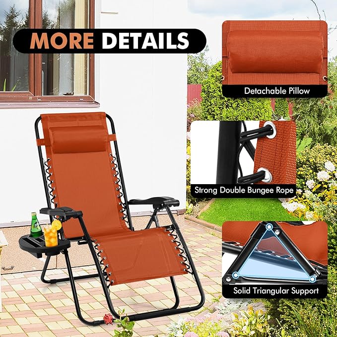 Giantex Zero Gravity Reclining Chair, Outdoor Patio Recliner with Cup Holder & Removable Pillow, Adjustable Backrest, Indoor Lounge Chair for Backyard, Garden, Poolside (Orange)