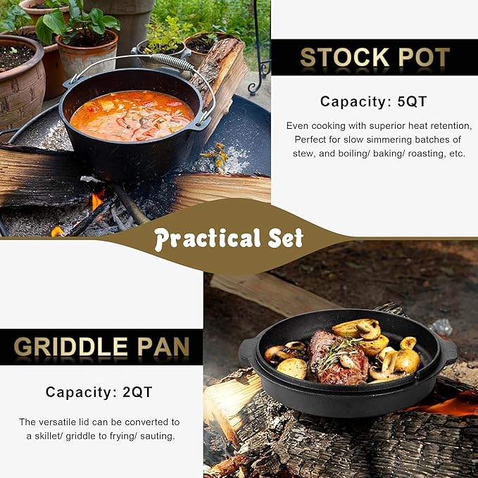 Joyfair Portable Charcoal Grill with Thermometer & Pre-seasoned Cast Iron Dutch Oven Set, Small Tabletop Barbecue Grill for Outdoor Camping, Camp Dutch Pot & Griddle Skillet, 5QT Pot & 2QT Lid