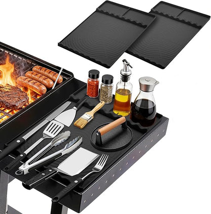 Silicone Grill Mat for Blackstone - BBQ Griddle Tools Side Mat with Drip Pad, Griddle Tools Mat for Outdoor Kitchen Countertop, BBQ Grill Accessories Gifts for Men (Black-2Pack)