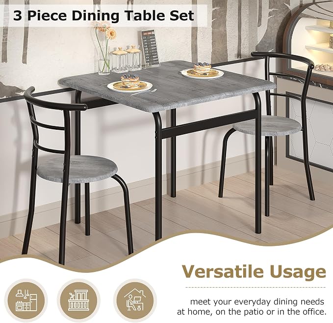 VECELO 3-Piece Dining Table Set for Kitchen Breakfast Nook, Wood Grain Square Tabletop and Metal Frame, for Small Spaces, Grey