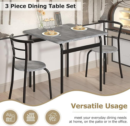 VECELO 3-Piece Dining Table Set for Kitchen Breakfast Nook, Wood Grain Square Tabletop and Metal Frame, for Small Spaces, Grey