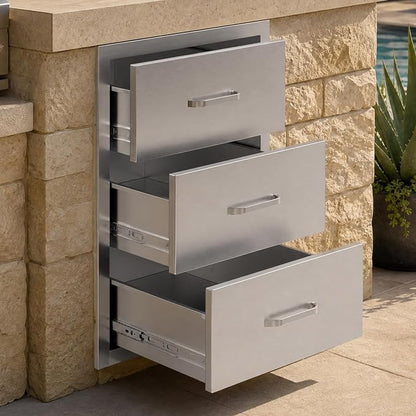 Jocisland 18-Inch Stainless Steel Outdoor Kitchen Drawer Cabinet | 18 W x 23 D x 23 H In, 3-Tier Drawers with Handles and Pull-Out Trays, Built-In BBQ Island Storage