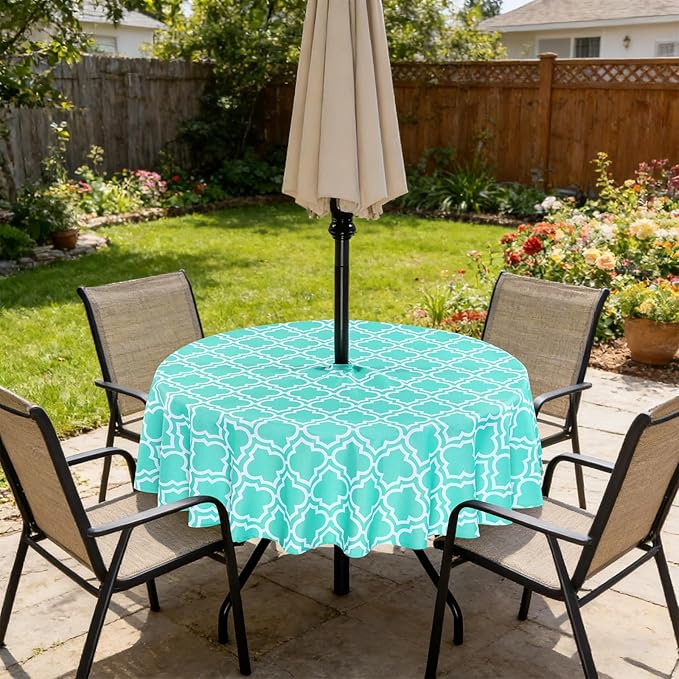 Poise3EHome Round Outdoor Tablecloth with Umbrella Hole and Zipper,Aqua Blue 70 Inch,Polyester SpillProof Washable Table Cloth for Spring Summer Patio Garden Poolside Picnic Camping BBQS