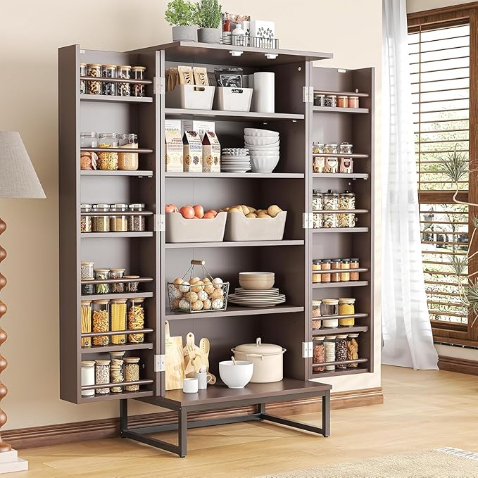 kepptory Brown Pantry Cabinet with Golden Metal Base, 51" Freestanding Kitchen Storage Cabinet, Adjustable Shelves Food Pantry Organization for Kitchen, Living Room, Hallway, Tall Pantry Cabinet