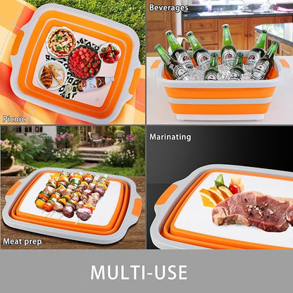 Tiawudi Large Collapsible BBQ Prep Tub with Lid(4.22 Gal/16L), Foldable Camping Sink with Colander, Cutting Board, Dish Basin for Kitchen, Bowl, Vegetable and Fruit, Storage Basket for Picnic