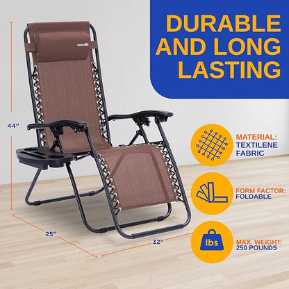 SereneLife Zero Gravity Lounge Chairs Set of 2, Adjustable Outdoor Recliners with Lockable Positions, Side Table Cup Holders, Padded Headrest Pillows, Foldable Steel Frame Patio Chairs (Brown)