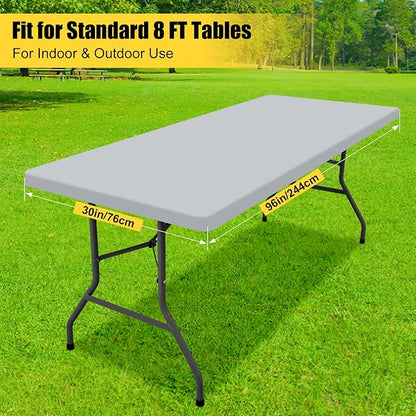 Smiry Rectangle Tablecloth, Elastic Fitted Flannel Backed Vinyl Tablecloths for 8ft Folding Tables, Waterproof Wipeable Table Covers for Indoor, Outdoor, Picnic and Camping (Light Grey, 30"x96")