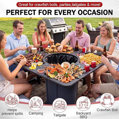 40 x 40 Inch Seafood Crab Boil Event Table Tailgate Outdoor Party Table | Snack BBQ Camping Picnic Table with Trash Can Opening and 8 Beverage Holder, Four-in-one Detachable Tailgate Serving Table
