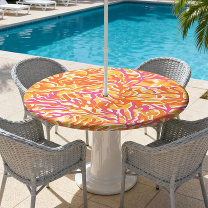 Outdoor Tablecloth with Umbrella Hole and Zipper Fits 53-60" Tables | Waterproof Round Fitted Tablecloth with Elastic Edge, Wipeable Outdoor Table Cover for Patio, Garden, Picnic