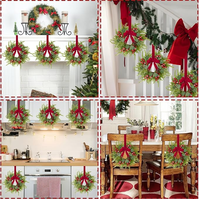 Waipfaru 12 Pcs Small Christmas Wreath, Mini Wreaths for Cabinets, Christmas Wreaths for Windows Kitchen Front Door Candle Rings Fireplaces Table Centerpiece Indoor Outdoor Decorations