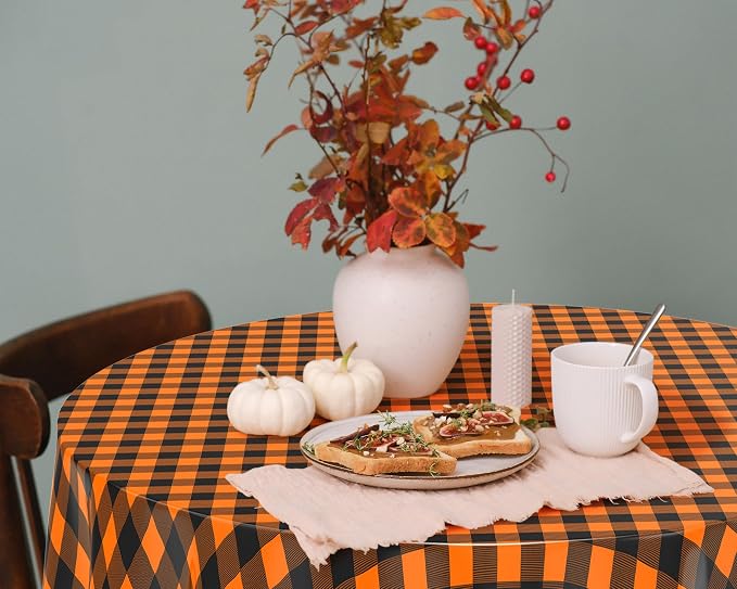 Disposable Checkered Tablecloth Round Plastic Buffalo Plaid Table Cloth 84'' Gingham Tablecover for Picnic Camping BBQ Graduation Party (Orange Black,6 Pieces)