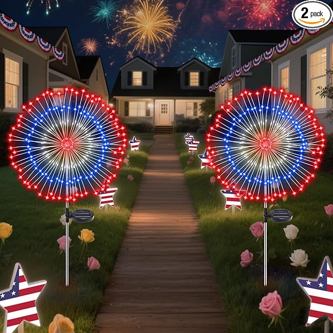 4th of July Decorations Solar Fireworks Lights for Outside, 2 Pack 180LED Red White Blue Solar Lights Outdoor with 8 Mode, Firework Patriotic Light for 4th of July Memorial Day Party Decoration