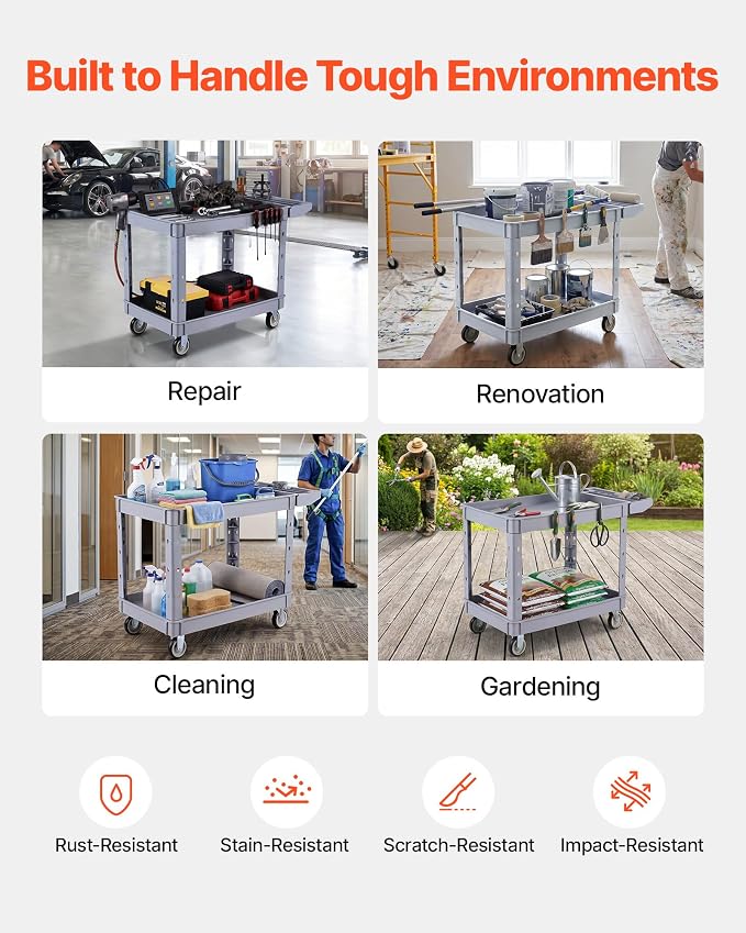 VEVOR Utility Cart, 550 lbs Capacity, 2 Tier Service Cart with 360° Swivel & Fixed Wheels (2 with Brakes), Heavy Duty Plastic Rolling with Storage Tray, Tool Storage for Garage Warehouse Workshop Gray