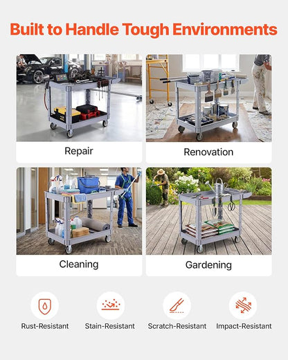 VEVOR Utility Cart, 550 lbs Capacity, 2 Tier Service Cart with 360° Swivel & Fixed Wheels (2 with Brakes), Heavy Duty Plastic Rolling with Storage Tray, Tool Storage for Garage Warehouse Workshop Gray