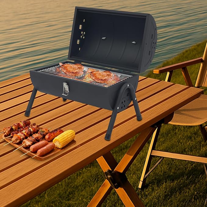 Portable Charcoal Grill,17 In Tabletop Charcoal Grill With 2 Baking Nets + Wooden Handle, Double-Sided Grilling, Bbq Charcoal Grills For Outdoor Cooking Camping, Picnics, Backyard. (Black)