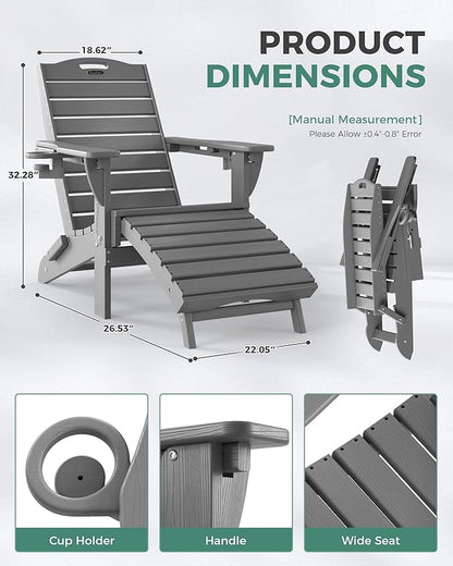 Adjustable Adirondack Chairs Set of 4 with Retractable Ottoman, HDPE Folding Adirondack Chair with Cup Holders, Weather Resistant for Backyard, Poolside & Fire Pit (Grey)