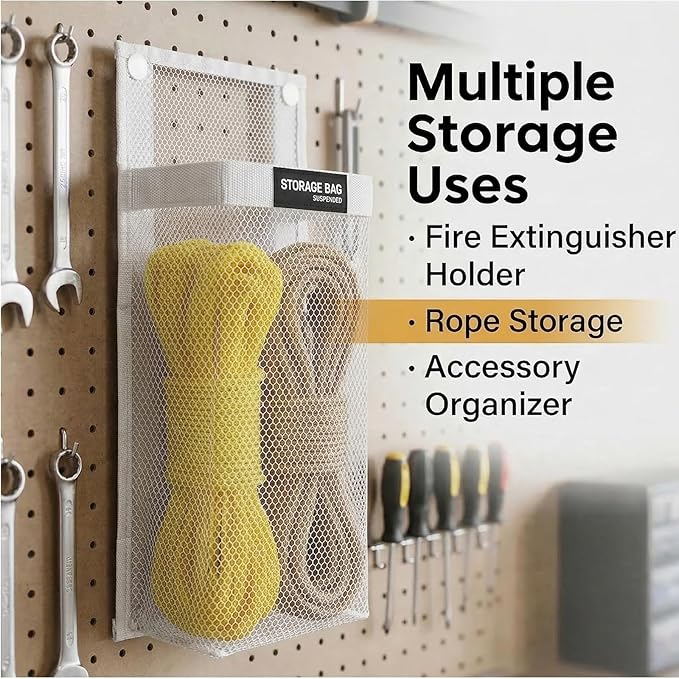 Marine Mesh Single Pocket Boat Gear Storage Bag, Black Fabric Marine Fire Extinguisher Holder, Screw Snap Mount (White, Medium)