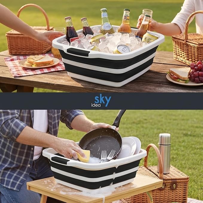 Collapsible BBQ Prep Tub with Lid - XL 4.22 GAL Folding Cutting Board & Food Basin for Outdoor Cooking, Marinating Container, Space Saving Prep Station (Black)