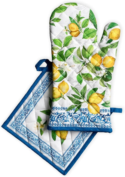 Maison d' Hermine 100% Cotton Oven Mitt & Pot Holder Set (7.5"x13" & 8"x8") Heat Resistant BBQ Cooking Gloves with Loop Baking Grilling Kitchen Hotel Home Farmhouse Spring Summer (Cedrat)