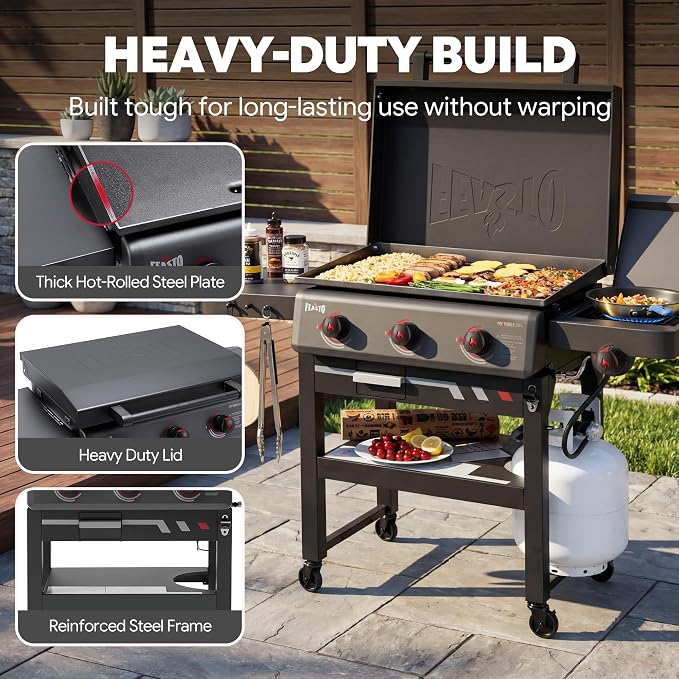 Feasto 28-Inch 3 Burner Propane Flat Top Grill with Hood and Side Burner | 550 Sq. In. Outdoor Griddle with Protective Hood, 37,500 BTU Main Burners, 13,000 BTU Lidded Side Burner, Folding Side Table