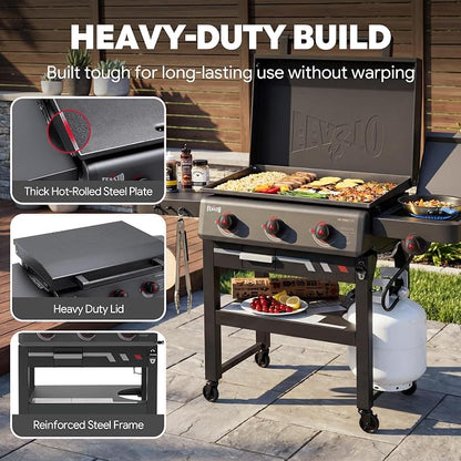Feasto 28-Inch 3 Burner Propane Flat Top Grill with Hood and Side Burner | 550 Sq. In. Outdoor Griddle with Protective Hood, 37,500 BTU Main Burners, 13,000 BTU Lidded Side Burner, Folding Side Table