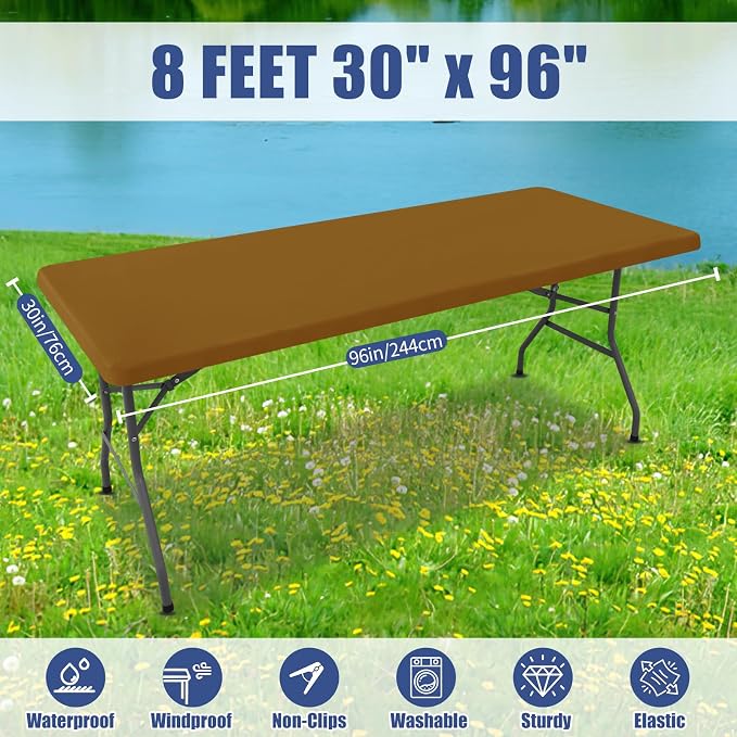 Moosfor Spandex 8 Foot Rectangle Table Cloth, Elastic Fitted Tablecloths for Picnic, Stretch Washable Patio Table Cover for Outdoor, Camping, Banquet and Parties (Dark Brown, 30"x96")