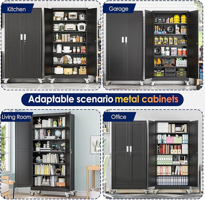 erosoei 74" H Metal Garage Storage Cabinet, Rolling Tool Cabinet with 2 Doors and Wheels, Locker Steel Cabinet with 5 Adjustable Shelves, Organization Cabinet for Garage,Office,Home,Gym,School（Black）