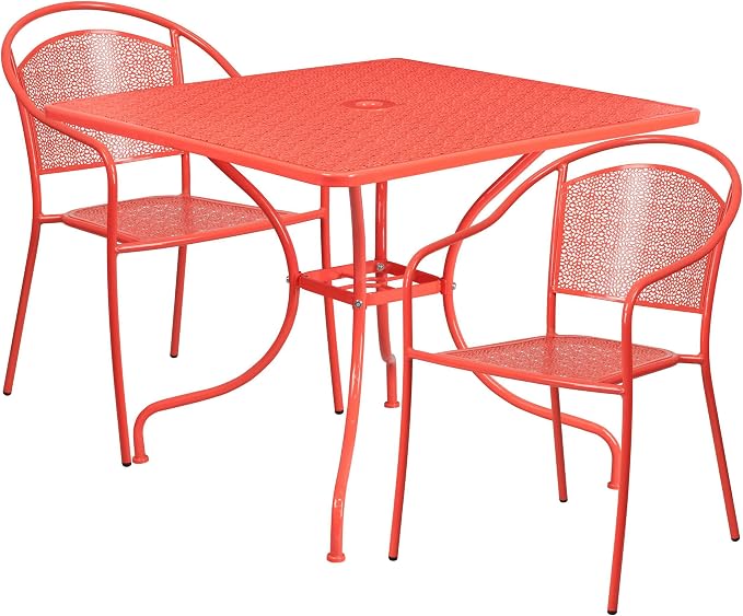 Flash Furniture 35.5" SQ Patio Table Set - 2 Round Back Chairs, Sky Blue | Commercial Grade, Indoor/Outdoor, Steel Frame, Resists UV Fading