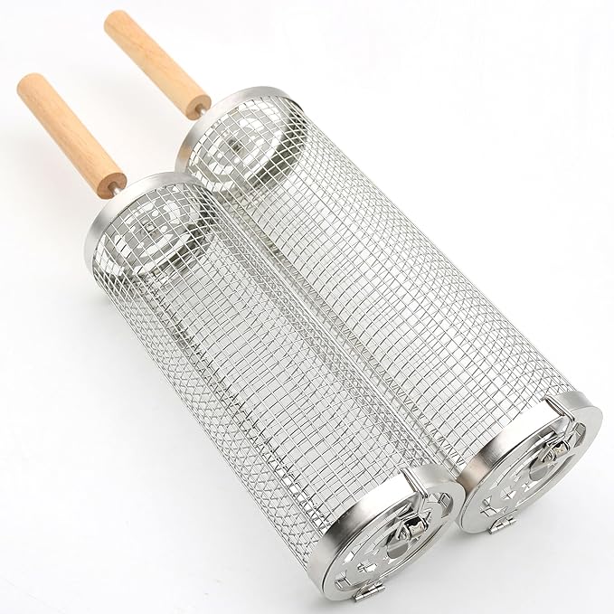 Grill Basket Set 2 Pack, Upgraded Version 304 Stainless Steel with Removable Wooden Handle, Rolling Grilling Net, BBQ Accessories Tools for Vegetables Shrimp, Camping, Gifts for Men Dad Husband