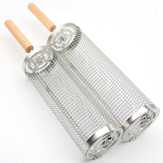 Grill Basket Set 2 Pack, Upgraded Version 304 Stainless Steel with Removable Wooden Handle, Rolling Grilling Net, BBQ Accessories Tools for Vegetables Shrimp, Camping, Gifts for Men Dad Husband
