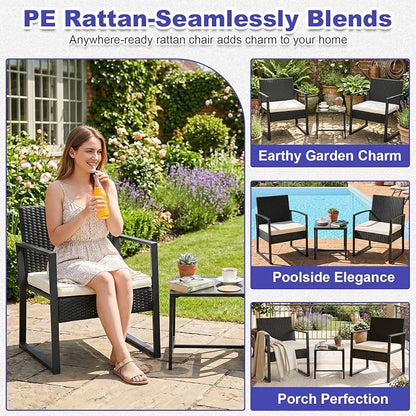 FDW | 3-Piece Patio Furniture Set | Khaki |Outdoor Wicker Furniture with Coffee Table | Modern Rattan Chairs Conversation Set | Outdoor Seating | Weather-Resistant | for Porch, Garden, Lawn