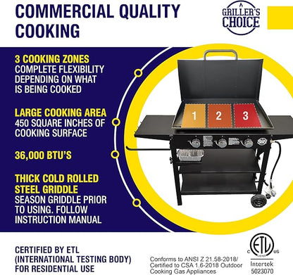 Griller's Choice Gas Griddle with Hinged Hood & Wind Guards, 4 Shelves, Propane Griddle for Flat Grills Outdoor Cooking, Front Grease Management, Steel Flattop Grills Surface, Precision Heat Control